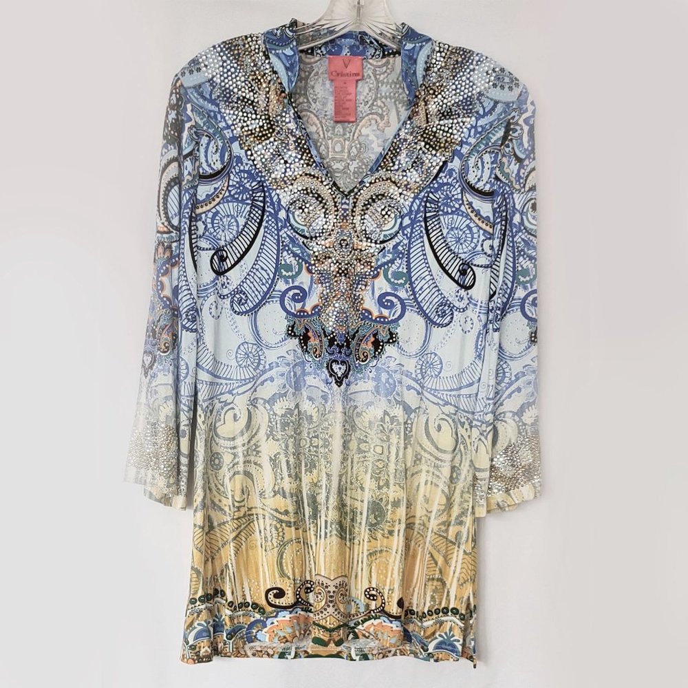 V Cristina Embellished Tunic Top M Med NWOT Silver Gold Boho Yellow Stretch